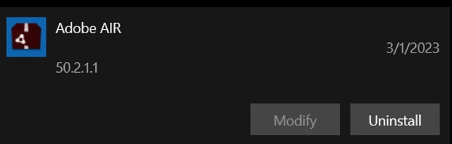 Az Adobe AIR eltávolításának képernyőképe