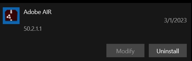 Adobe AIR uninstall screenshot