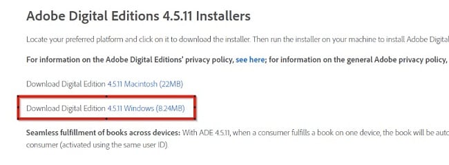 Captura de tela dos links de download do Adobe Digital Editions