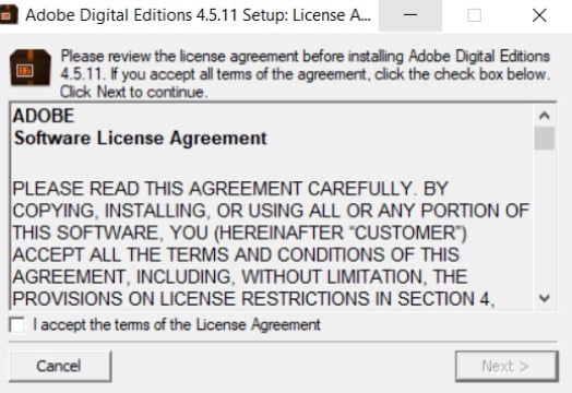 Adobe Digital Editions -asetusten kuvakaappaus