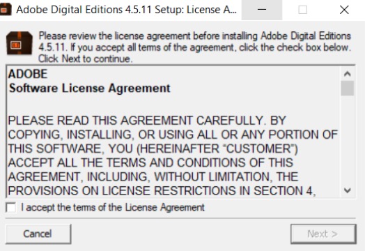Capture d'écran de configuration d'Adobe Digital Editions