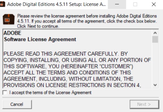 Captura de tela de configuração do Adobe Digital Editions