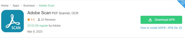 Schermata dell'APK di download di Adobe Scan