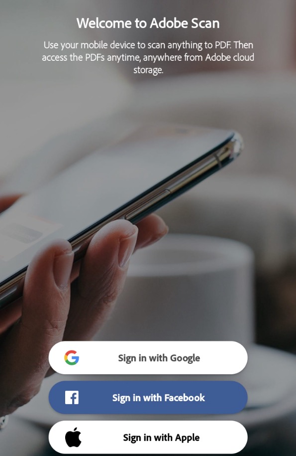 Adobe Scan sign in buttons screenshot
