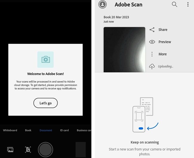 Adobe Scan ウェルカム ページのスクリーンショット