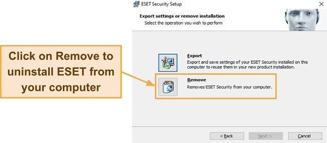 Screenshot showing how to use ESET's uninstaller to remove it from your system