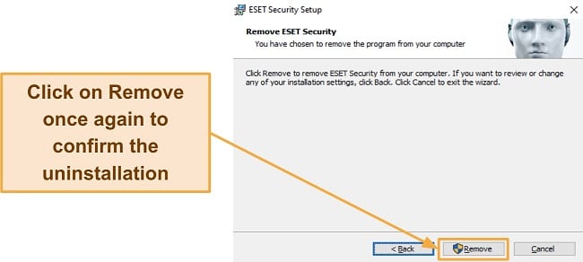 Screenshot of ESET's uninstaller asking for confirmation before removing the app