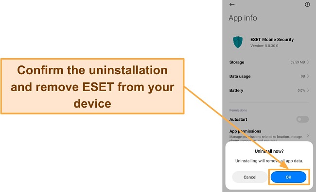 Screenshot of a confirmation request before fully uninstalling ESET Mobile Security