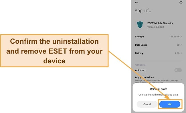 Screenshot of a confirmation request before fully uninstalling ESET Mobile Security