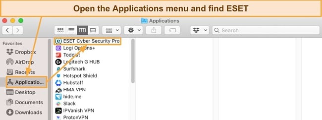 Screenshot showing ESET in the Applications in menu in macOS