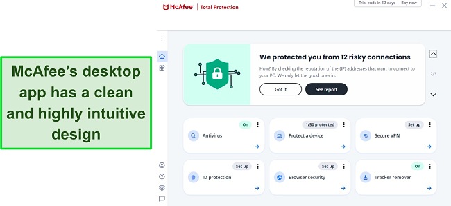 Screenshot of McAfee's desktop app interface