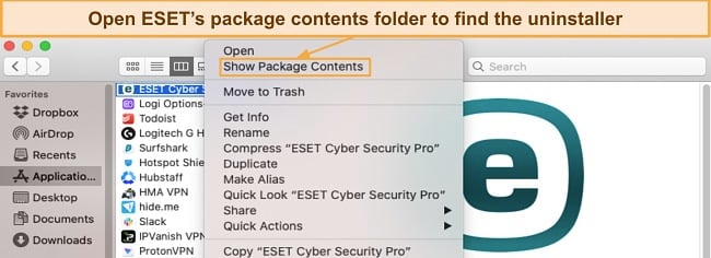 Screenshot showing how to access ESET's package contents on macOS