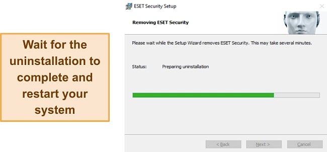 Screenshot of ESET's uninstallation in progress