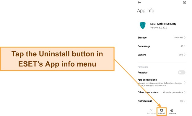 Screenshot showing how to uninstall ESET Mobile Security from Android