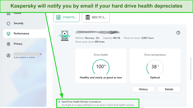 Screenshot of Kaspersky's Hard Drive Health Monitor display
