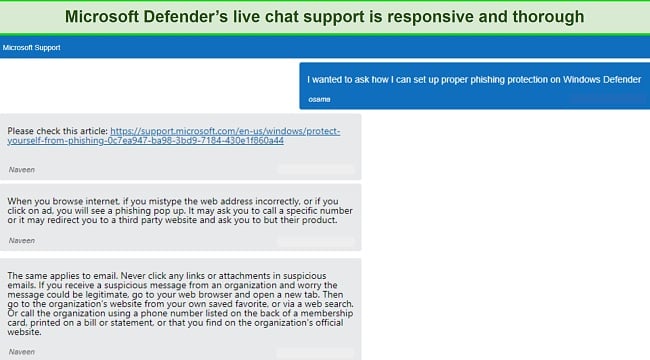 Screenshot of a conversation with Microsoft defender's live chat support