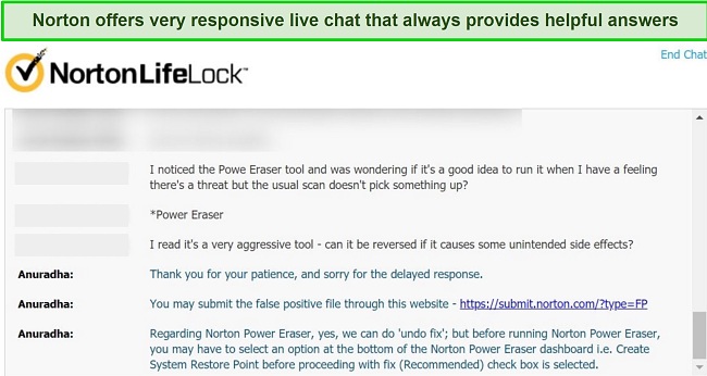 Screenshot of a conversation with Norton's live chat support