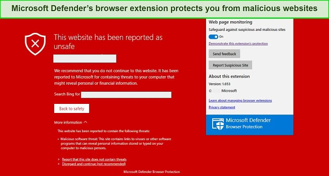 Screenshot of Microsoft Defender blocking a malicious website
