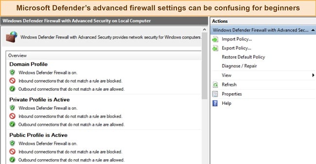 Screenshot of Microsoft Defender's advanced firewall settings
