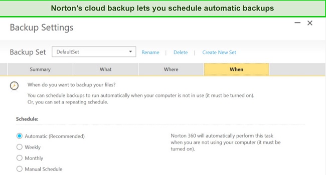 Screenshot of Norton's cloud backup scheduling feature