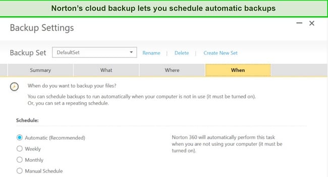 Screenshot of Norton's cloud backup scheduling feature