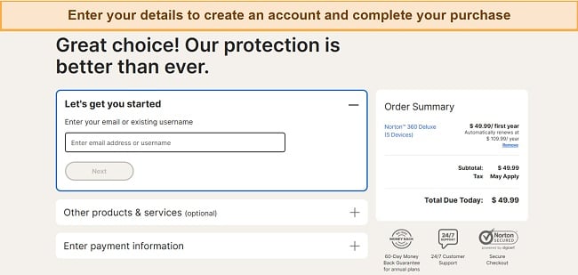 Screenshot of Norton's sign-up and order completion page