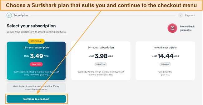 Screenshot showing how to choose a Surfshark plan
