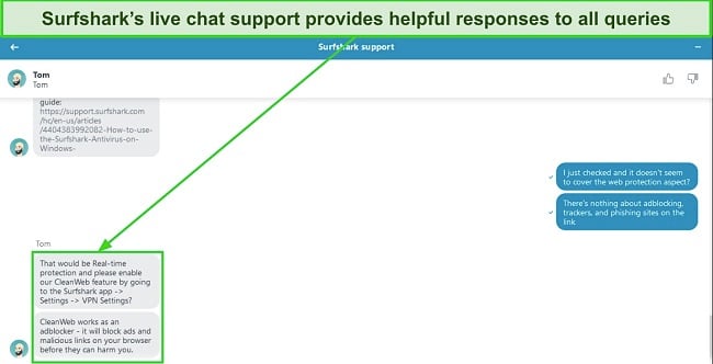 Screenshot of a conversation with Surfshark's live chat support