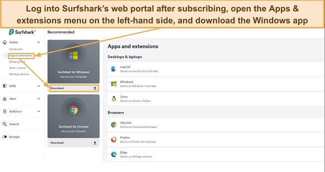 Screenshot showing how to download Surfshark's Windows app