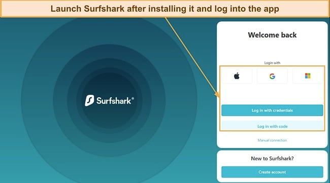 Screenshot showing the Surfshark app's login screen