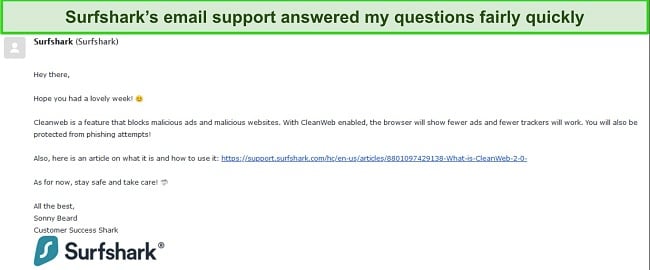 Screenshot of a response from Surfshark's email support