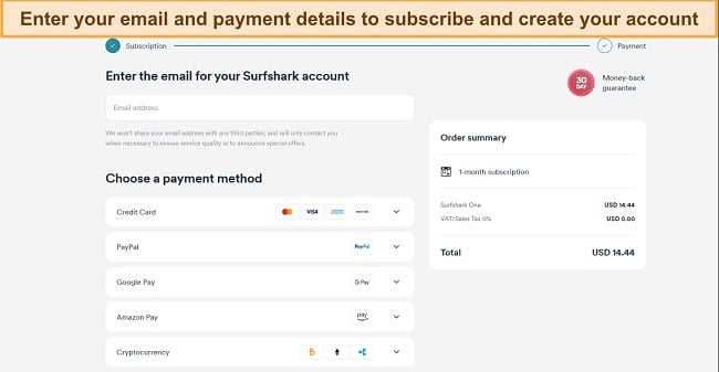 Screenshot showing Surfshark's sign up and payment menu