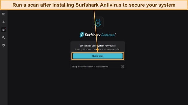 Screenshot showing the quick scan option in Surfshark's app after installing the antivirus