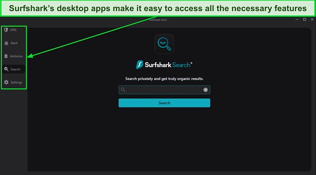 Screenshot of Surfshark's desktop app interface