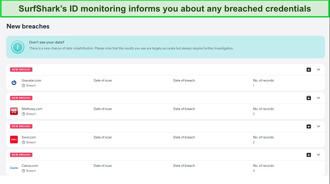 Screenshot of Surfshark's ID monitoring feature checking an email address for breaches
