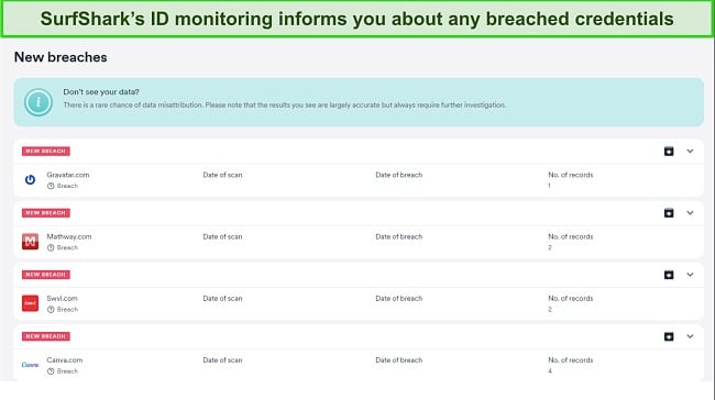 Screenshot of Surfshark's ID monitoring feature checking an email address for breaches