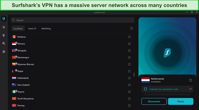 Screenshot of Surfshark's VPN interface