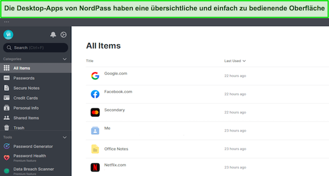 Screenshot der Benutzeroberfläche der Desktop-App von NordPass