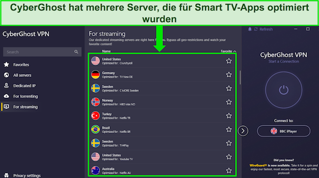 Screenshot der Windows-App von CyberGhost mit geöffnetem und hervorgehobenem optimiertem Streaming-Servermenü, um verschiedene Serveroptionen anzuzeigen