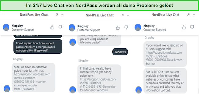 Screenshot eines Gesprächs mit dem Live-Chat-Support von NordPass