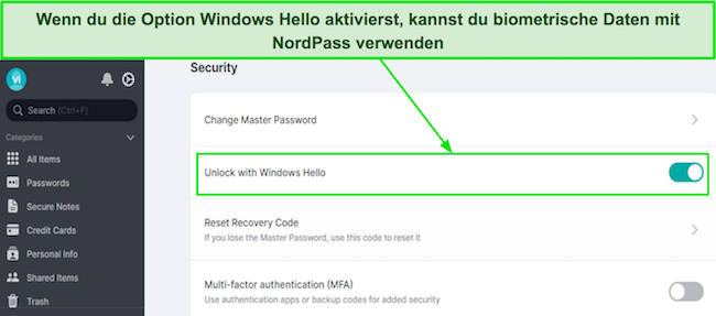 Screenshot, der zeigt, wie man Windows Hello in NordPass aktiviert