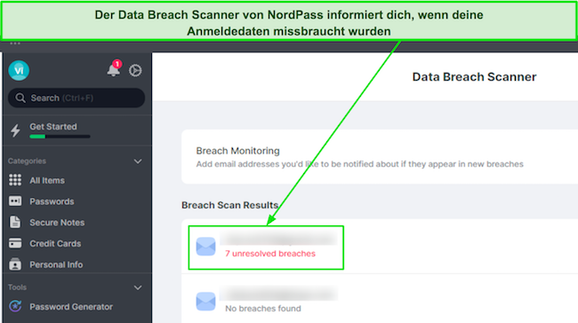 Screenshot, der den Data Breach Scanner von NordPass zeigt, der mehrere Datenschutzverletzungen hervorhebt