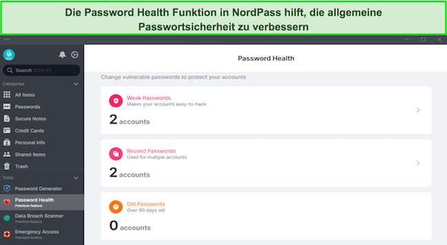 Screenshot der Passwortintegritätsfunktion von NordPass