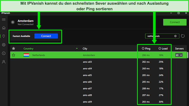 Screenshot der IPVanish-Oberfläche mit Echtzeit-Ping und -Last auf niederländischen Servern