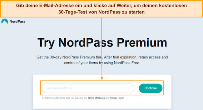Screenshot, der zeigt, wie man sich für die kostenlose Testversion von NordPass anmeldet