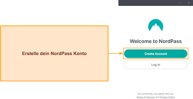 Screenshot, der das Anmelde-/Registrierungsmenü von NordPass nach der Installation zeigt