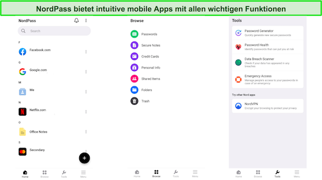 Screenshot, der die Benutzeroberfläche der mobilen App von NordPass zeigt