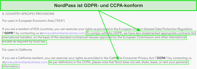 Screenshot, der die DSGVO- und CCPA-Konformität von NordPass hervorhebt