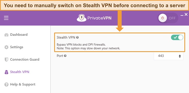 PrivateVPN's Windows app, showing the Stealth VPN settings.