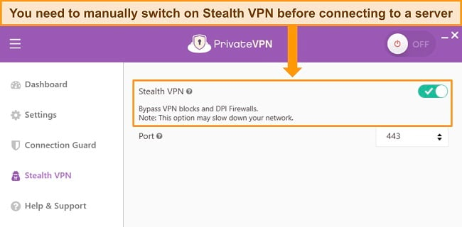 PrivateVPN's Windows app, showing the Stealth VPN settings.